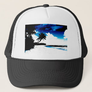 Blue Black White palm Tree Silhouette Trucker Hat