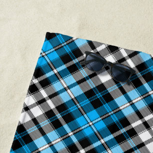 Blue Black White Plaid Tartan Pattern Design Beach Towel