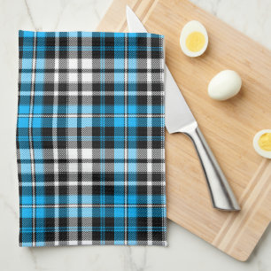 Blue Black White Plaid Tartan Pattern Design  Tea Towel