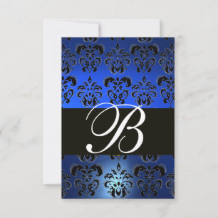 BLUE BLACK WHITE SAPPHIRE DAMASK MONOGRAM RSVP CARD