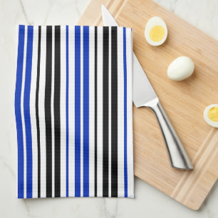 Blue Black White Stripes Pattern Design  Tea Towel