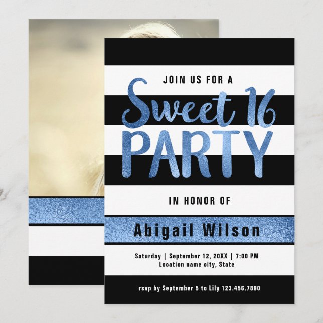 Blue black white sweet sixteen birthday party invitation (Front/Back)