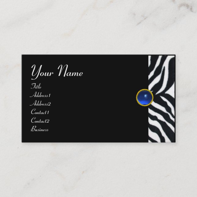 BLUE  BLACK WHITE ZEBRA FUR MONOGRAM ,Sapphire Business Card (Front)