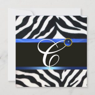 BLUE BLACK WHITE ZEBRA FUR MONOGRAM,Sapphire Invitation