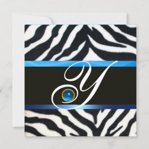 BLUE BLACK WHITE ZEBRA FUR MONOGRAM,Sapphire Invitation
