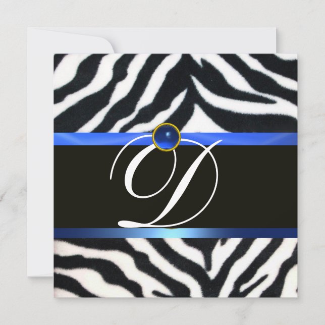 BLUE BLACK WHITE ZEBRA FUR MONOGRAM,Sapphire Invitation (Front)