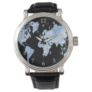 Blue Black World Map Design 75 Watch