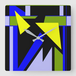 Blue Black Yellow Green Geometric Shapes Square Wall Clock