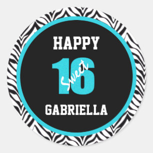 Blue & Black Zebra Personalised Sweet 16 Stickers