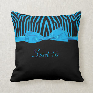 Blue Black Zebra Printed Bow Sweet 16 Throw Pillow