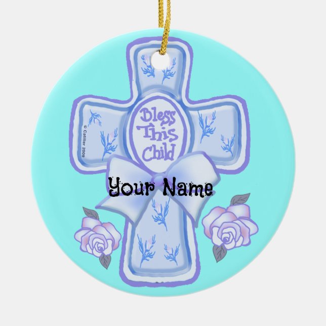 Blue Bless This Child Christian Cross Ornament (Front)