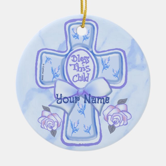 Blue Bless This Child Christian Cross Ornament (Front)