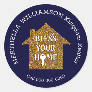 Blue BLESS YOUR HOME Real Estate Realtor Classic Round Sticker
