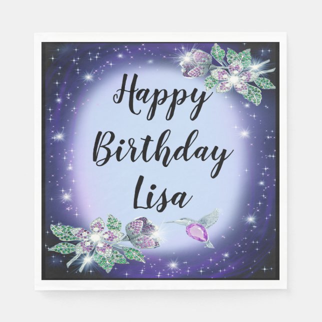 Blue Bling Floral Bird Birthday Napkin (Front)
