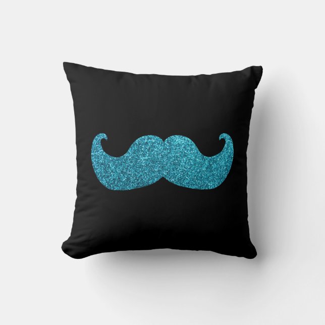 Blue Bling moustache  (Faux Glitter Graphic) Cushion (Front)