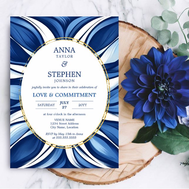 Blue Bliss Organic Floral Commitment Ceremony Invitation (Blue Bliss retro organic floral commitment ceremony invitation front.)
