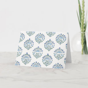 Blue Block Print Floral Sprig, Ivory Card