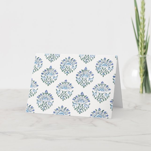 Blue Block Print Floral Sprig, Ivory Card (Front)