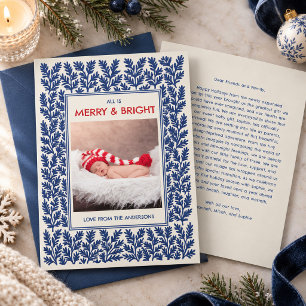 Blue Block Print Folk Art Baby's First Christmas Holiday Card
