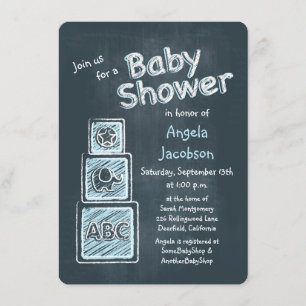 Blue Blocks Chalkboard Baby Shower Invitation