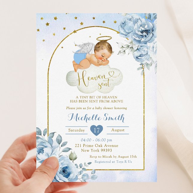 Blue Blonde Little Angel Heaven Sent Baby Shower Invitation (Creator Uploaded)