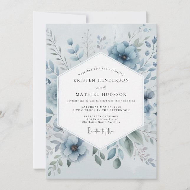 Blue Bloom Romantic Wedding Invitation (Front)