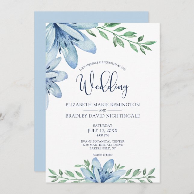 Blue Blooms and Greenery Wedding Invitation (Front/Back)