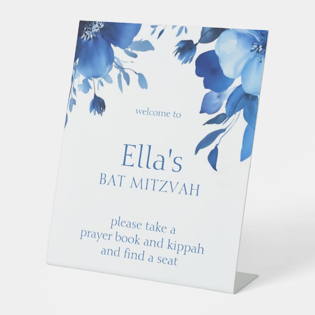 Blue Blooms Watercolor BAT MITZVAH CUSTOM  Pedestal Sign (Front)