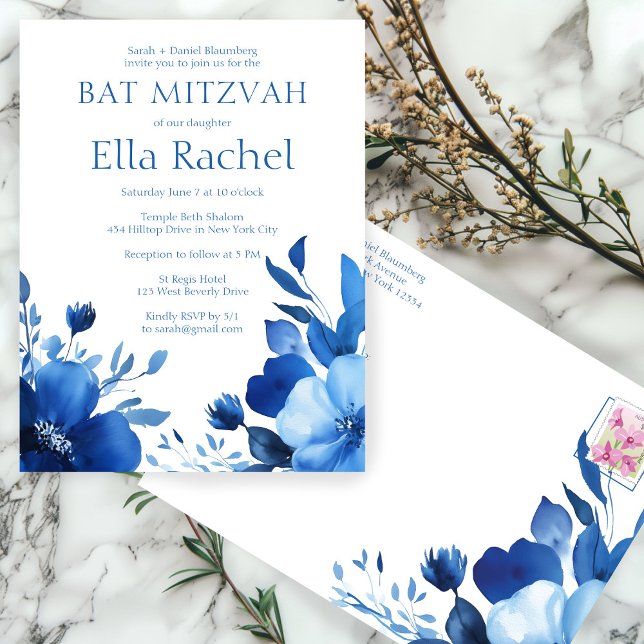 Blue Blooms Watercolor BAT MITZVAH CUSTOM  Postcard (Blue Blooms Watercolor BAT MITZVAH CUSTOM Postcard
)