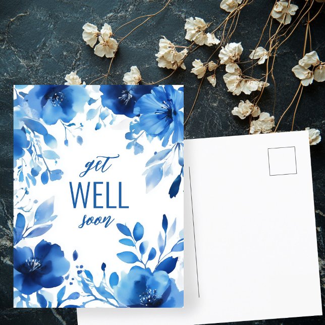 Blue Blooms Watercolor GET WELL SOON CUSTOM  Postcard (Blue Blooms Watercolor GET WELL SOON CUSTOM Postcard
)