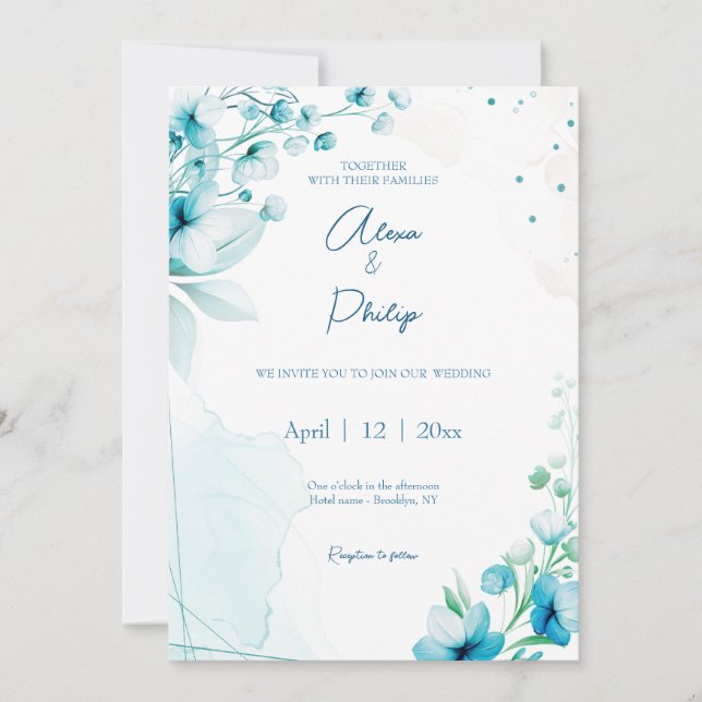 Blue Blossom & Breeze Wedding Invitation (Front)