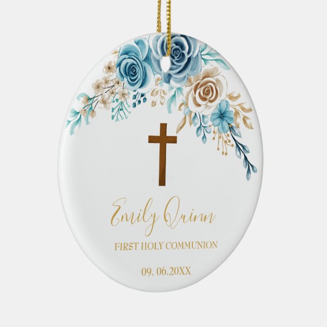 Blue Blossom Communion Chalice  Keepsake Ornament" Ceramic Tree Decoration (Right)
