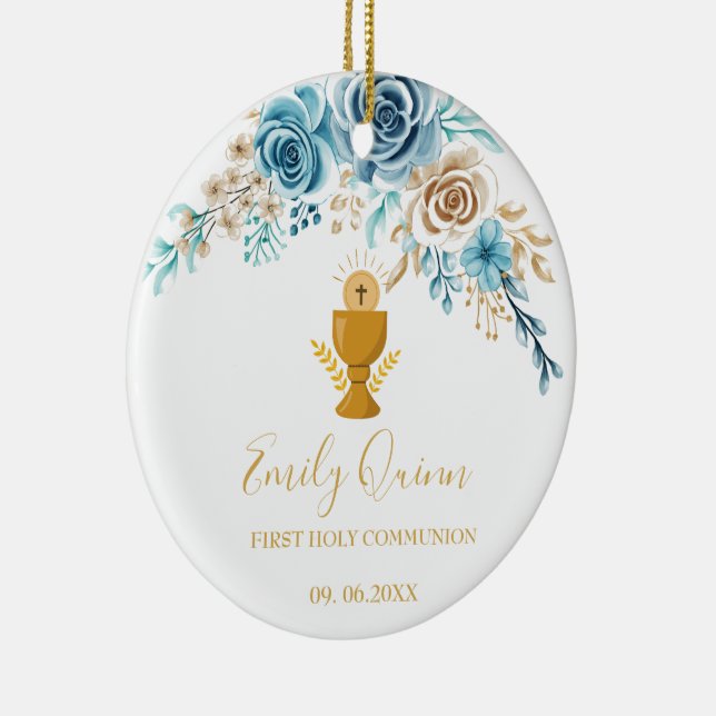 Blue Blossom Communion Chalice  Keepsake Ornament" Ceramic Tree Decoration (Right)