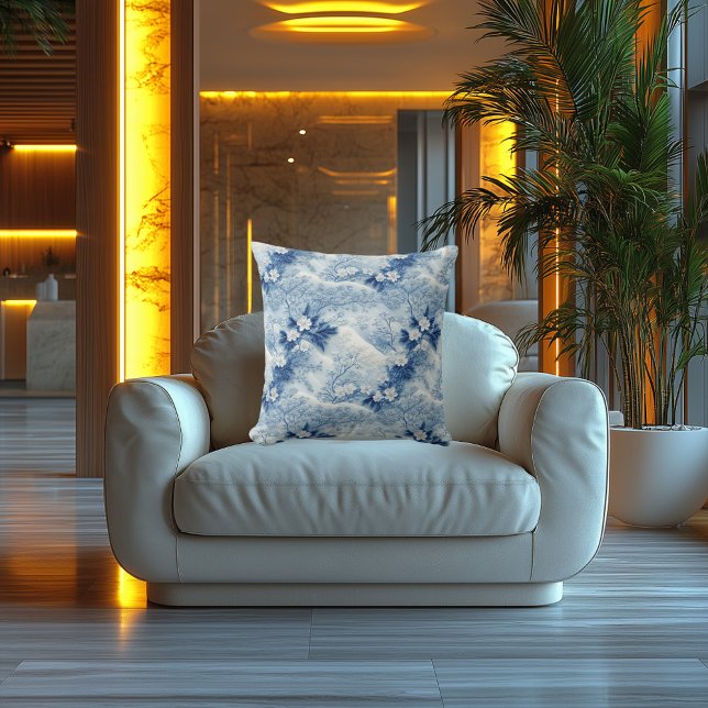 Blue Blossom Elegance: Printed Embroidered Look Cushion (Creator Uploaded)