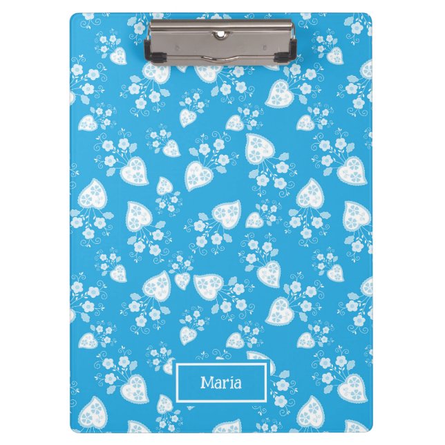 Blue blossom heart with flowers pattern clipboard (Front)