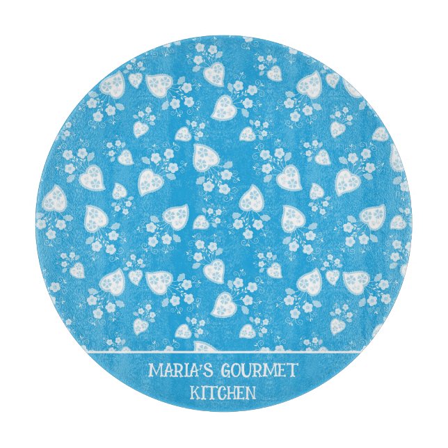 Blue blossom heart with flowers pattern cutting board (Front)