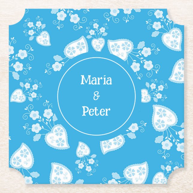 Blue blossom heart with flowers pattern paper coaster (Front)