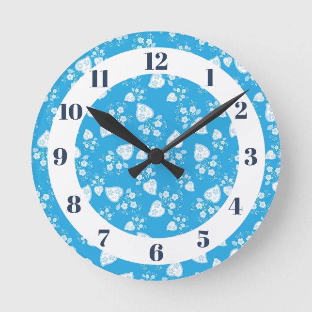 Blue blossom heart with flowers pattern round clock (Front)