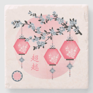 Blue blossom lanterns "Rise above" Asian design Stone Coaster