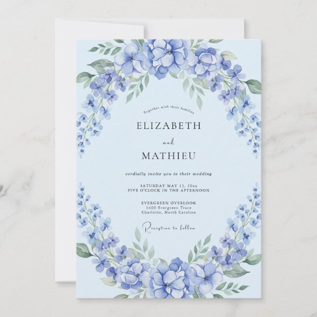 Blue Blossom Romance Wedding Invitation (Front)
