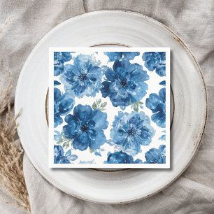 Blue Blossom Watercolor Floral Botanical White Napkin