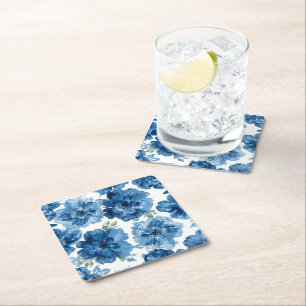 Blue Blossom Watercolor Floral Botanical White Square Paper Coaster