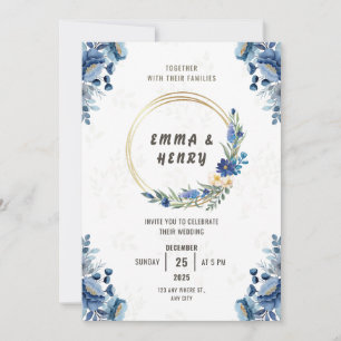 Blue Blossoms and Gilded Gold Wedding Invitation