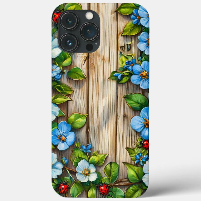 Blue Blossoms & Ladybugs Design Rustic Wood Nature Case-Mate iPhone Case (Back)