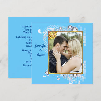Blue Blue Background with Diamonds & Frame Wedding Invitation