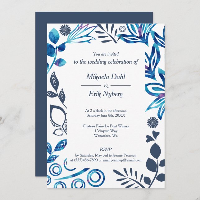 Blue, Bluish Grey Floral Pattern Frame Wedding Invitation (Front/Back)