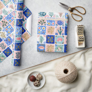 Blue Blush Floral Ocean Beach Coral Wrapping Paper