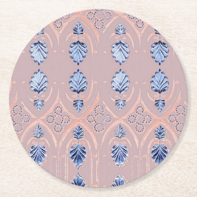 Blue blush floral pattern round paper coaster (Front)