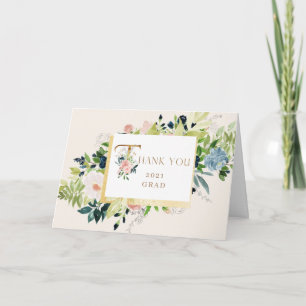 blue blush floral Photo Graduation Thank You Card