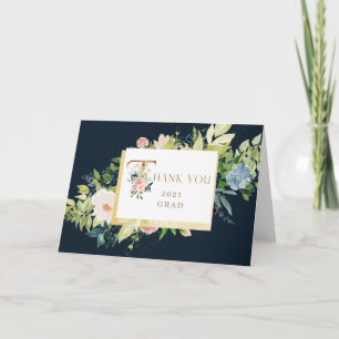 blue blush floral Photo Graduation Thank You Card